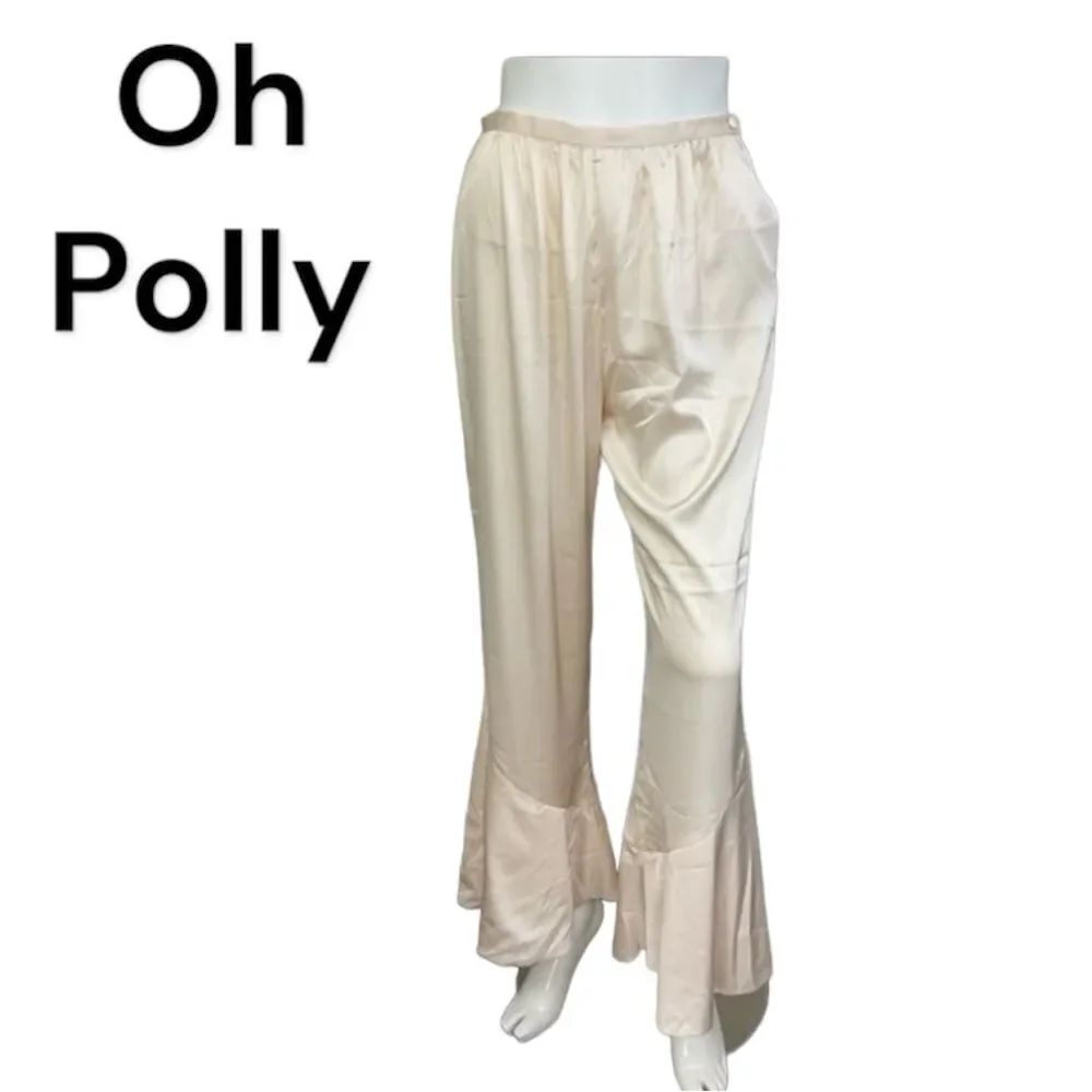 NEW Oh Polly Satin Flared Ruffle Cuffs Batch A Palazzo Pants Champagne 4